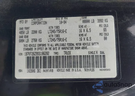 1995 Dodge Ram 2500 from USA, damaged, VIN 1B7KF26Z9SS186282